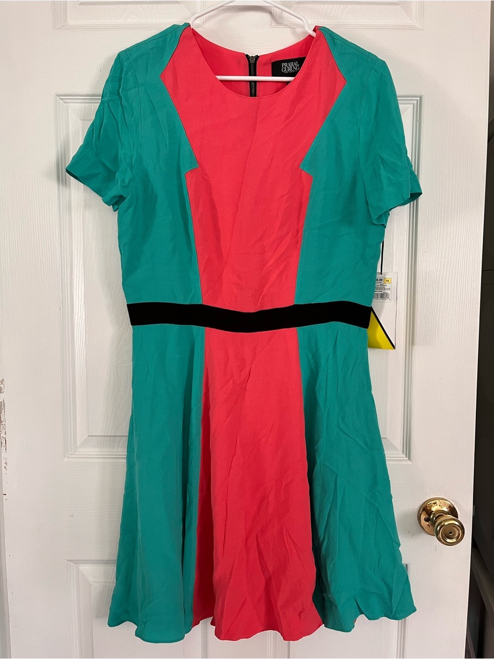 Prabal Gurung Teal and Coral Colorblock Fit-and-Flare Dress with Black Waist
